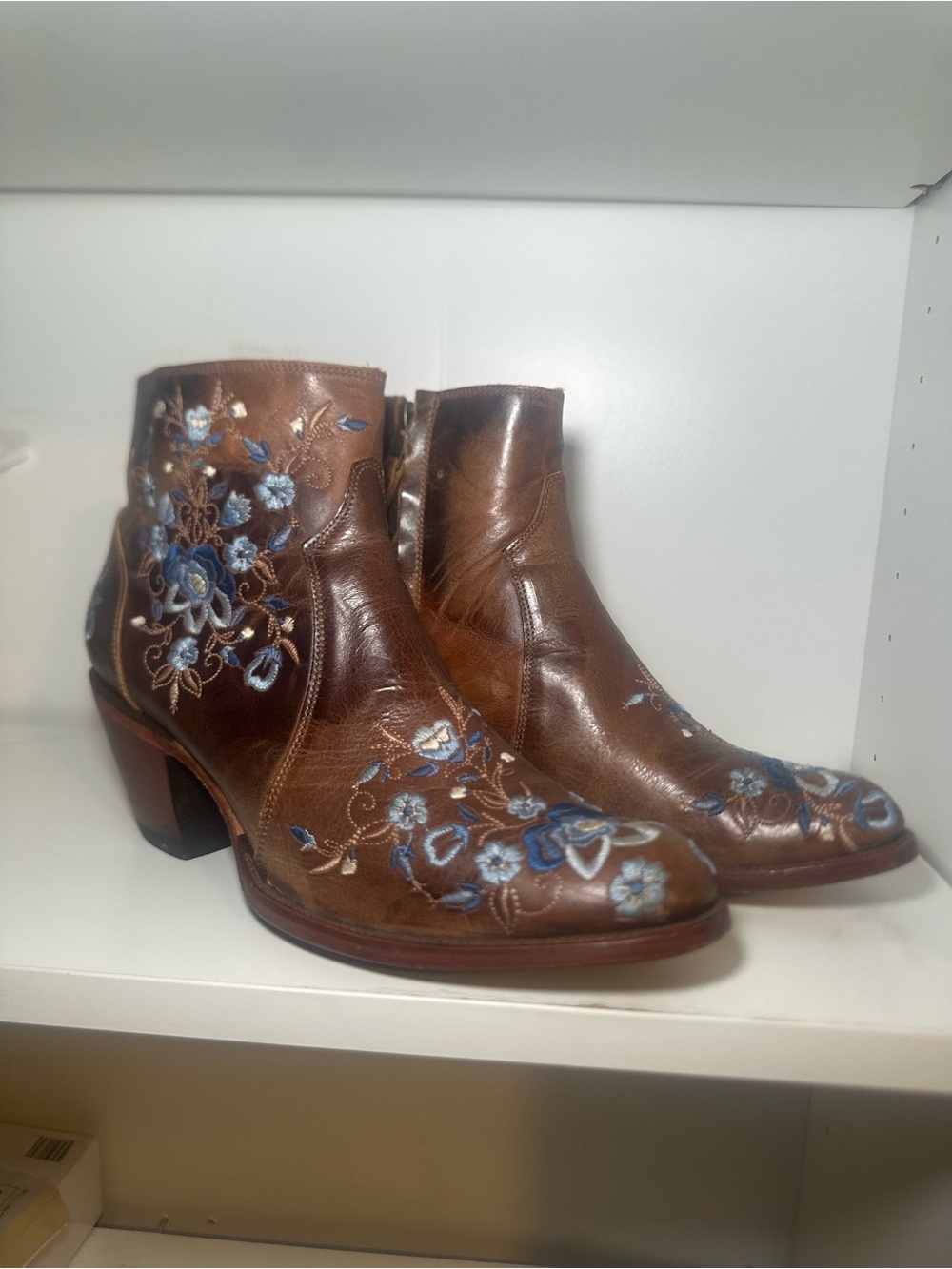 Shyanne Brown Ankle Boots with Blue Floral Embroidery Tillie